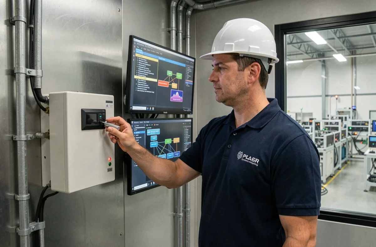 Intégrateur de solutions de sécurité A5SYS configurant un équipement réseau dans une salle de contrôle industrielle