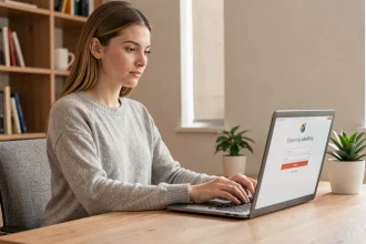 Jeune femme accédant à son compte en ligne sur un ordinateur portable dans un bureau à domicile bien organisé