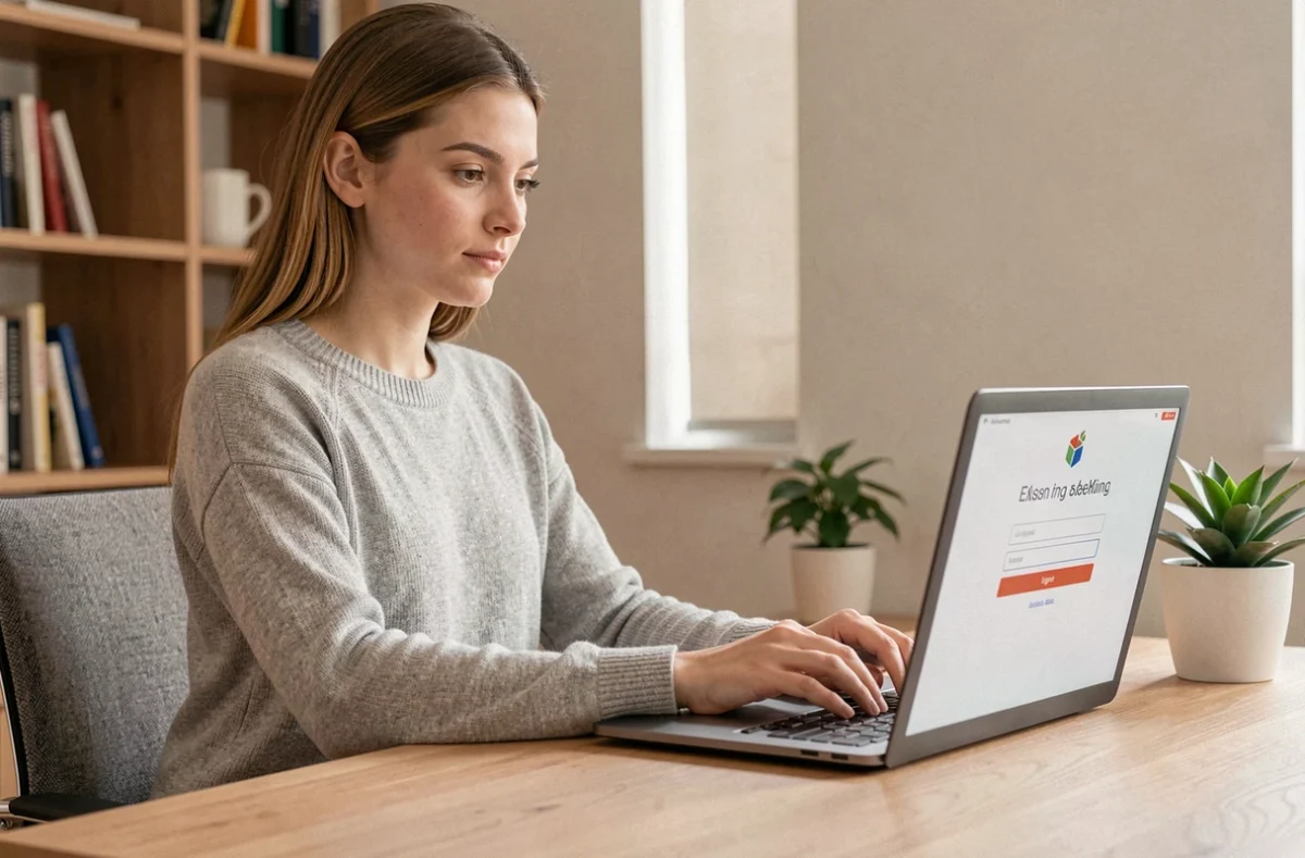 Jeune femme accédant à son compte en ligne sur un ordinateur portable dans un bureau à domicile bien organisé
