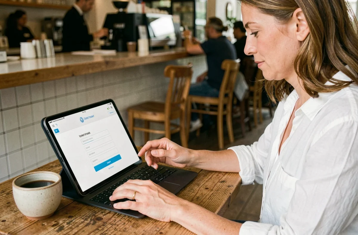 Femme utilisant une tablette dans un café pour accéder à son compte sur le portail Cyfernet
