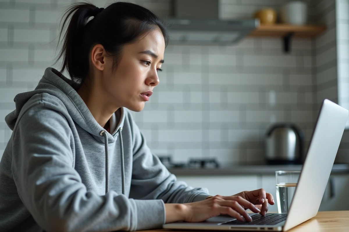 Femme à la cuisine tentant d'accéder à l'interface d'administration de son routeur via l'adresse IP 192.168.1.1 sur un ordinateur portable