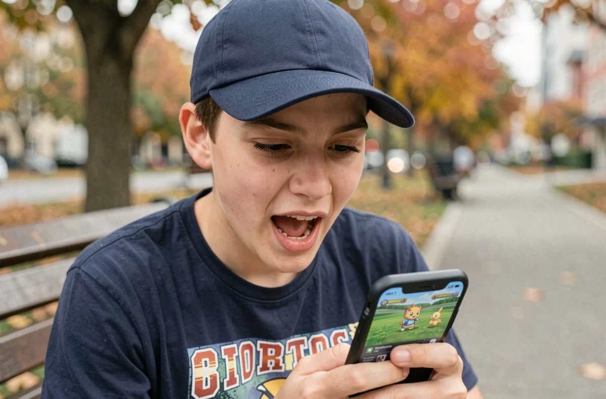 Adolescent jouant à Pokémon Emeraude en français sur un émulateur mobile dans un parc en automne