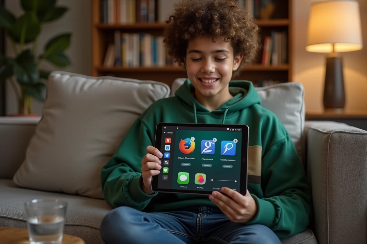 Adolescent sélectionnant un navigateur web sur une tablette depuis un canapé confortable à la maison
