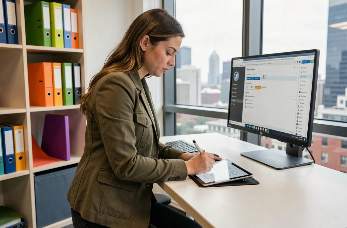 Designer UX de l'agence Armadivo esquissant des interfaces WordPress dans un studio bien organisé