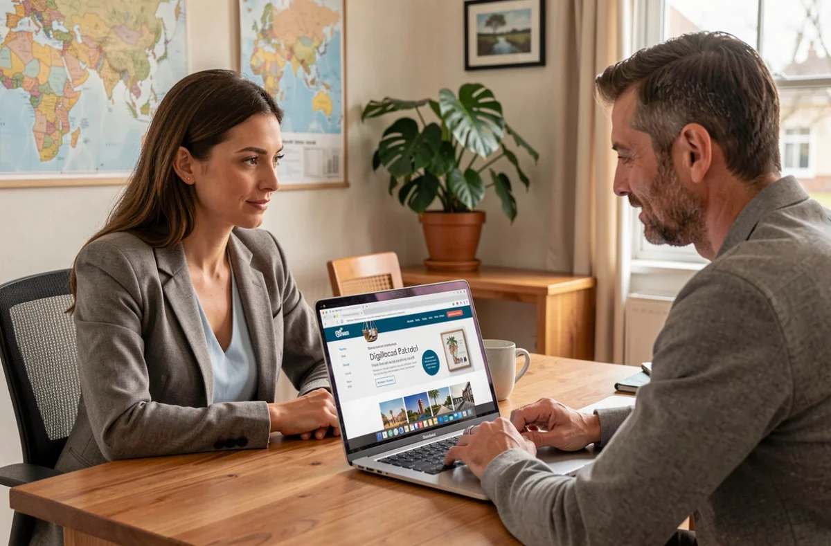 Consultante web de Digilocal.fr présentant un site WordPress local à un client dans un bureau accueillant