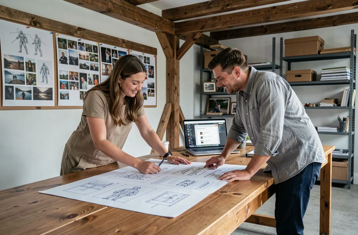 Deux créatifs de l'agence Galadrim collaborant sur des maquettes WordPress dans un studio créatif