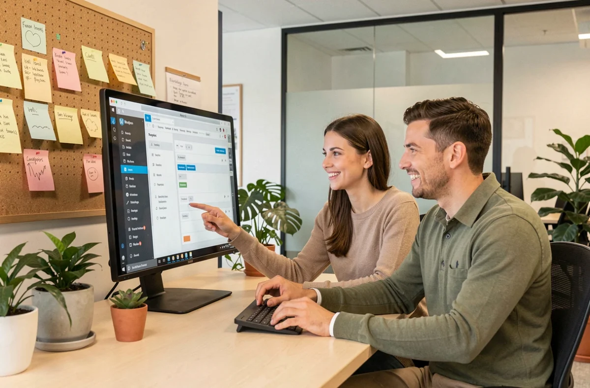 Duo de collaborateurs de l'agence Impli travaillant ensemble sur un projet WordPress dans un espace de travail moderne