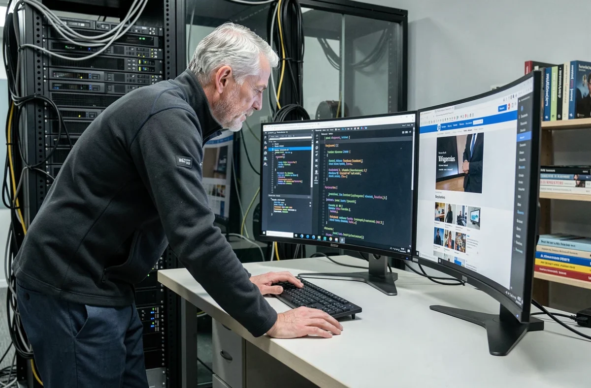 Développeur senior d'Ingenius analysant du code WordPress sur un double écran dans un studio de développement