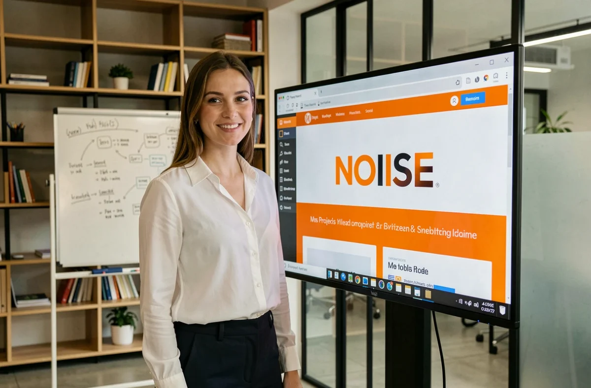 Cheffe de projet web de l'agence NOIISE devant un écran présentant un site WordPress dans un bureau moderne