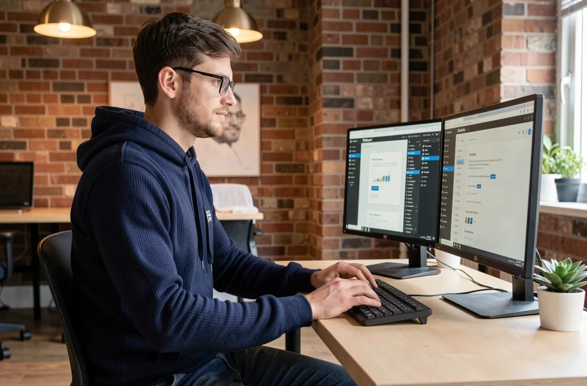 Développeur web de l'agence Pilot'in travaillant sur un site WordPress dans un bureau au style startup