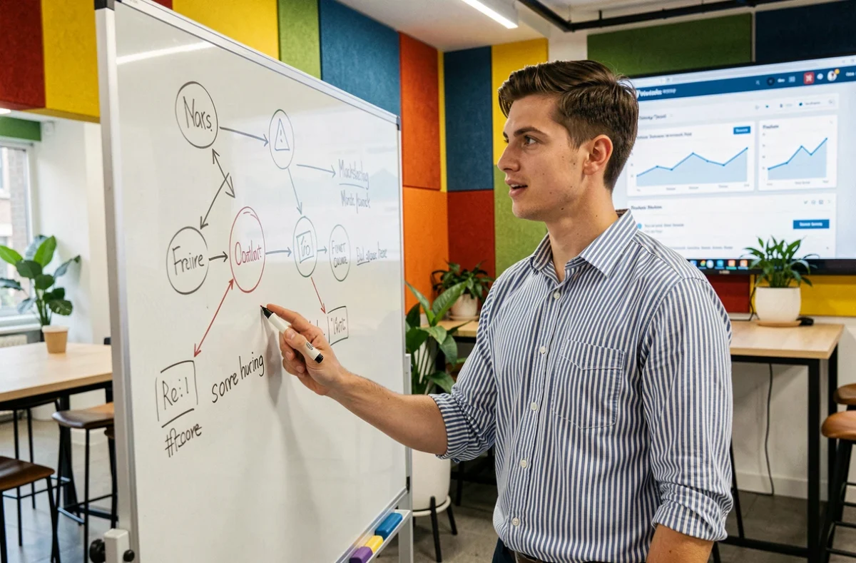 Stratège digital de Revolucy expliquant une stratégie WordPress sur un tableau blanc dans un espace coworking