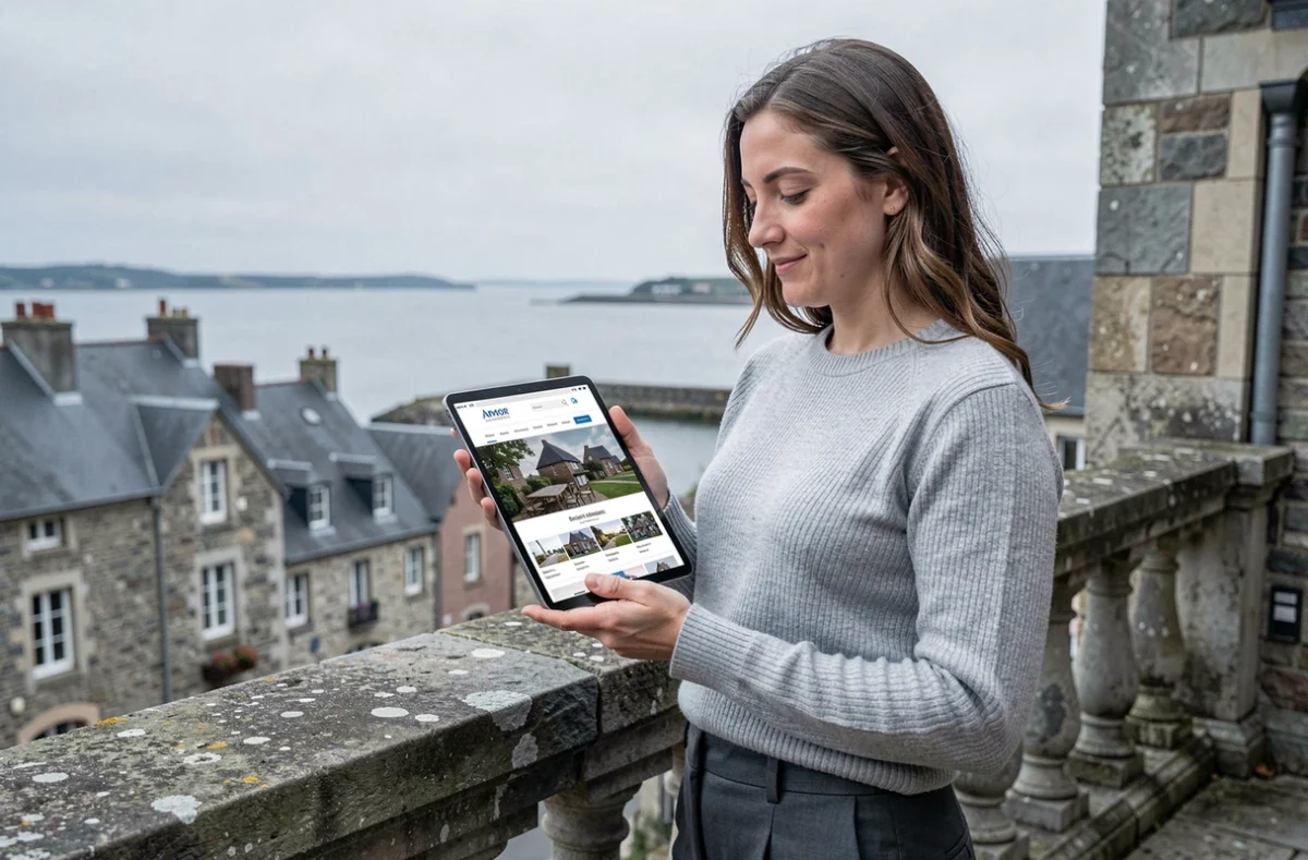 Cheffe de projet d'Agence Web Armor présentant un site WordPress sur une tablette avec un paysage régional en arrière-plan