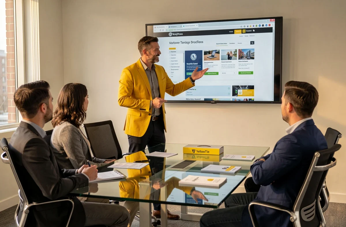 Directeur créatif de YellowTie présentant une création de site internet WordPress dans une salle de réunion moderne