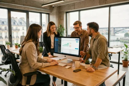 Équipe d'une agence web WordPress dans le Rhône réunie autour d'un écran dans un bureau moderne à Lyon