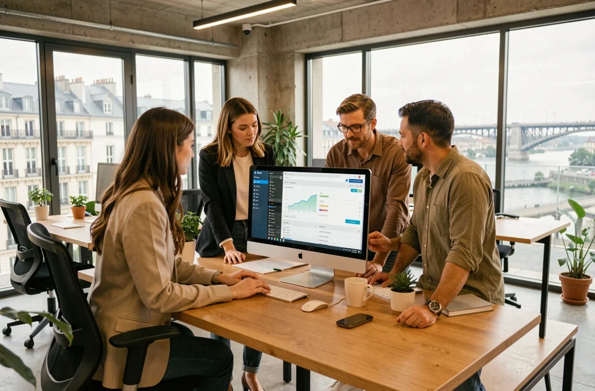 Équipe d'une agence web WordPress dans le Rhône réunie autour d'un écran dans un bureau moderne à Lyon
