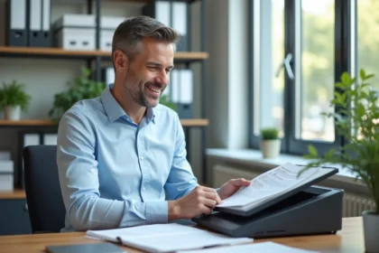 Agent municipal scannant des formulaires dans un bureau moderne