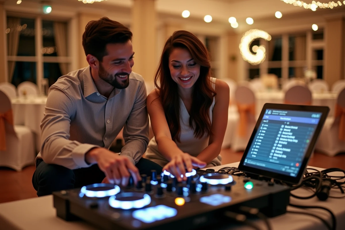 Deux amis branchant une clé USB sur une table de mixage DJ lors de la préparation d'une soirée ou d'un mariage