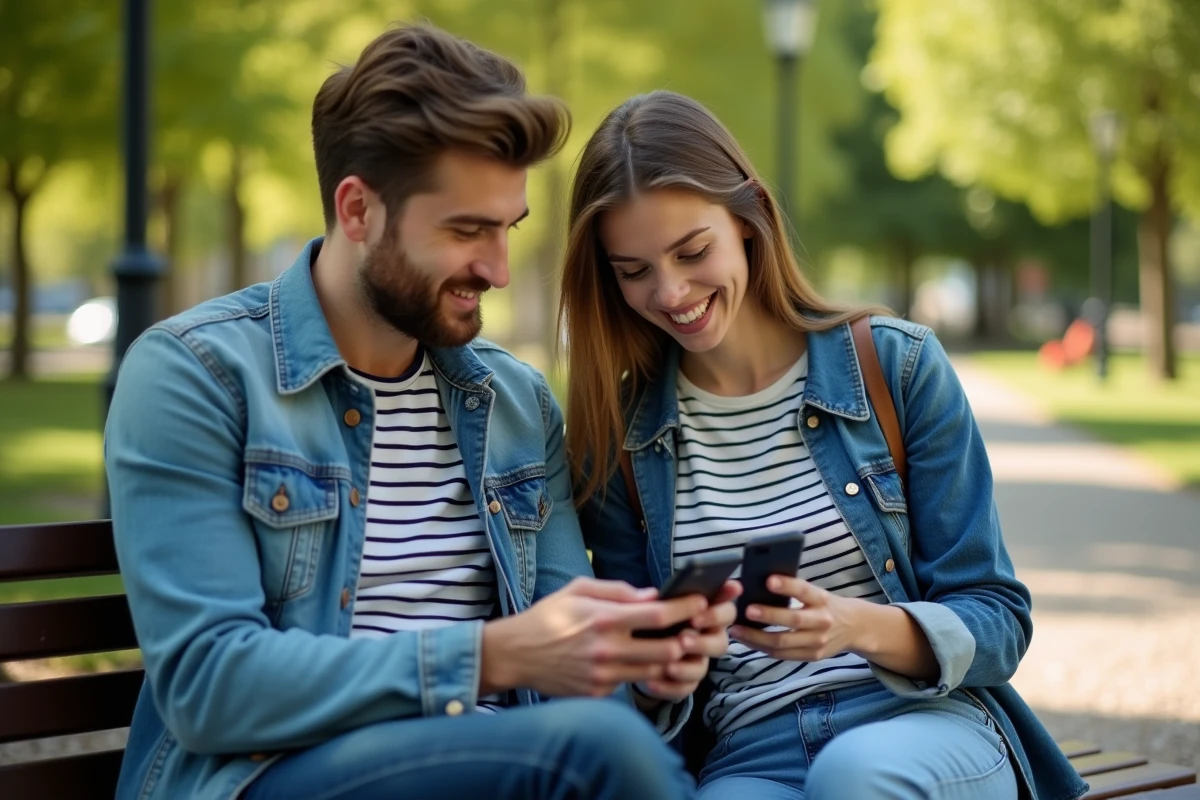 Deux amis dans un parc découvrant comment envoyer un message programmé sur WhatsApp