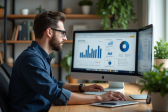 Homme en bureau analysant des statistiques web