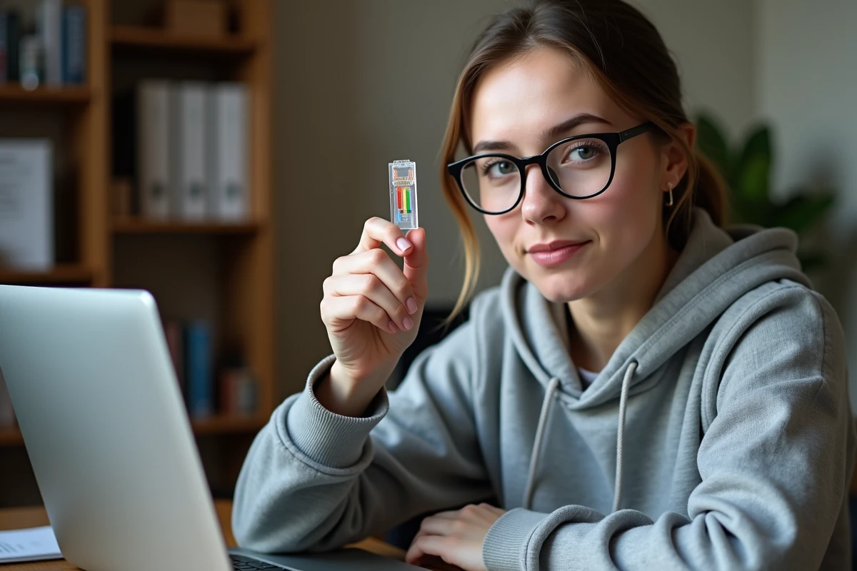 Jeune femme inspectant un connecteur RJ45 transparent pour vérifier l'ordre des fils selon le standard de câblage réseau