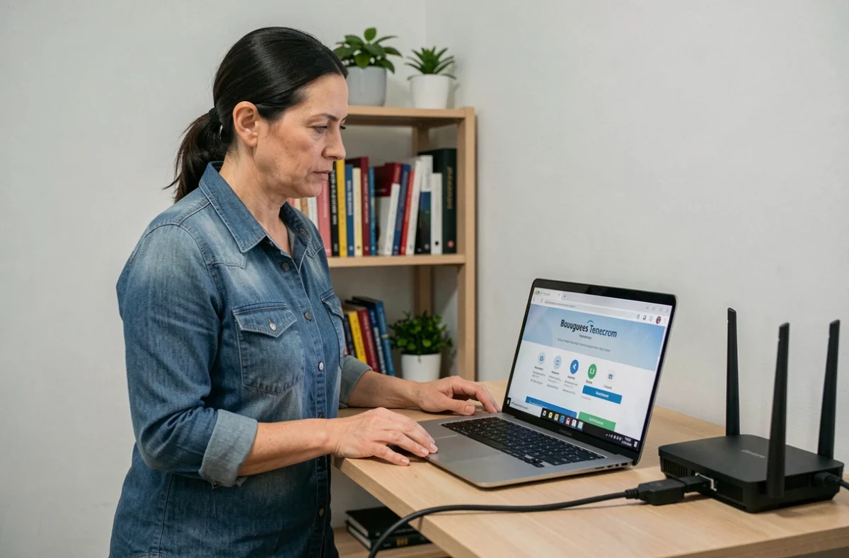 Femme consultant une page d'assistance Bouygues sur ordinateur portable pour résoudre le code erreur S1 de sa box