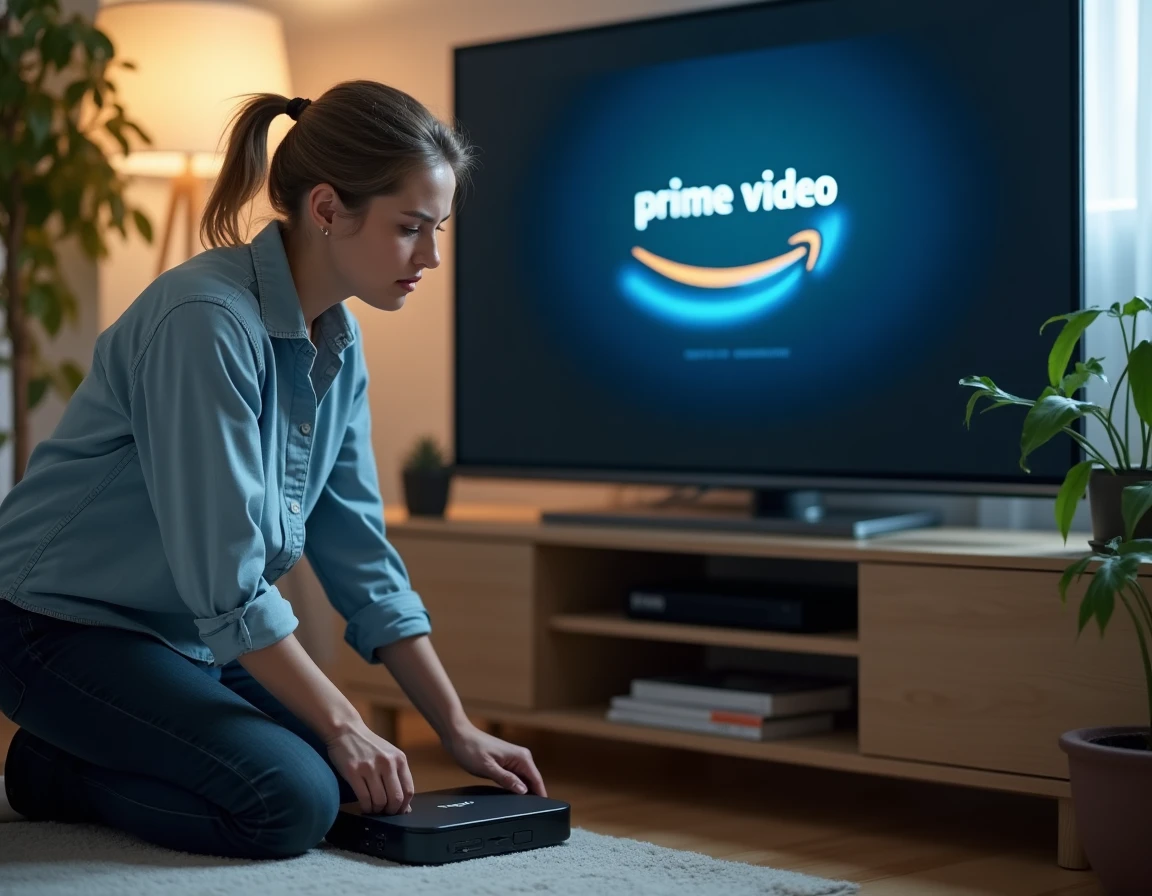 Femme inspectant le boîtier Freebox Player derrière la télévision affichant Prime Video dans un appartement urbain