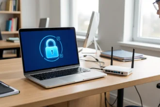 Bureau avec ordinateur portable et routeur pour une connexion VPN