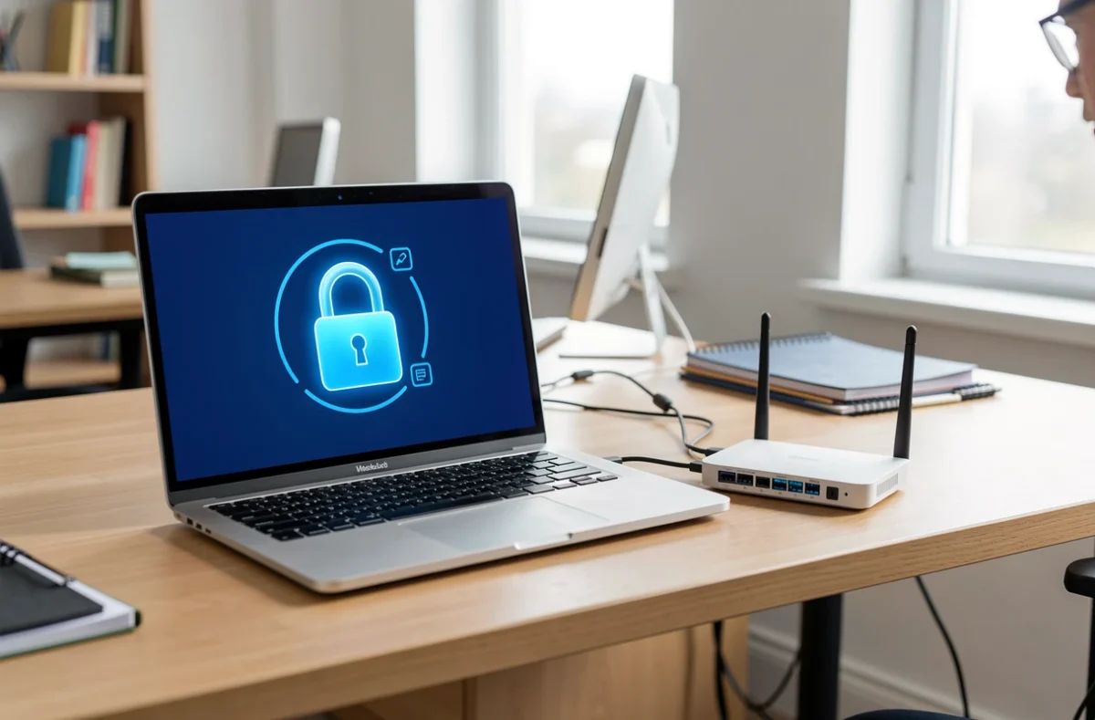 Bureau avec ordinateur portable et routeur pour une connexion VPN