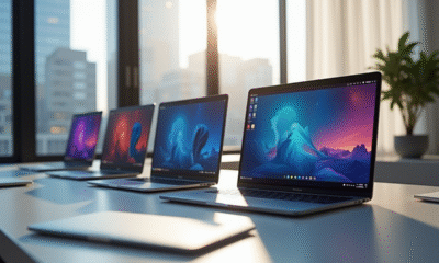Espace de travail moderne avec quatre ordinateurs affichant différents systèmes