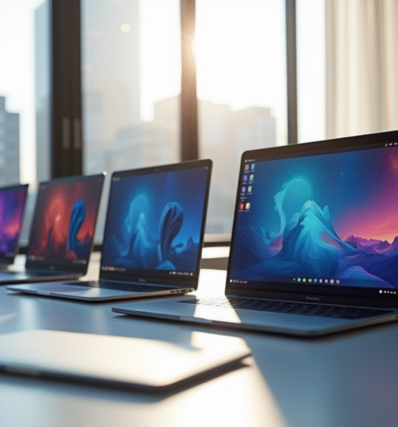 Espace de travail moderne avec quatre ordinateurs affichant différents systèmes