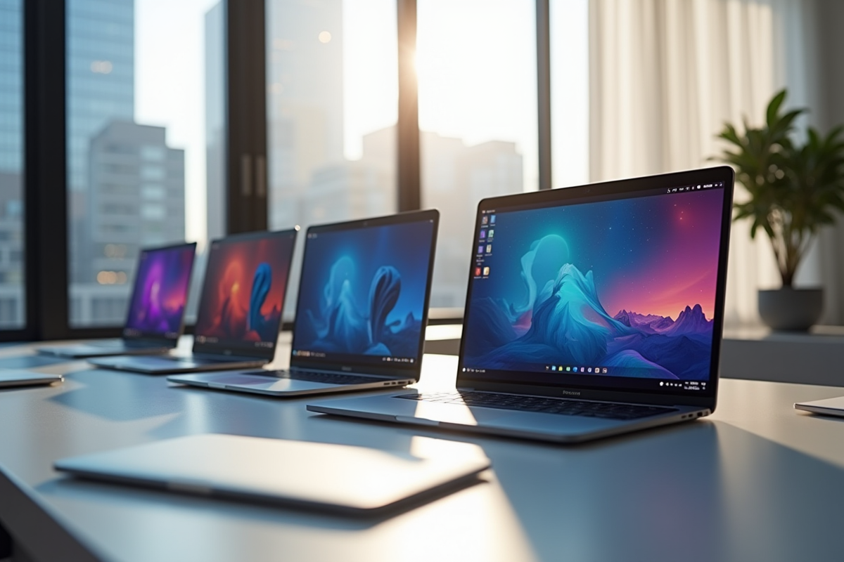 Espace de travail moderne avec quatre ordinateurs affichant différents systèmes