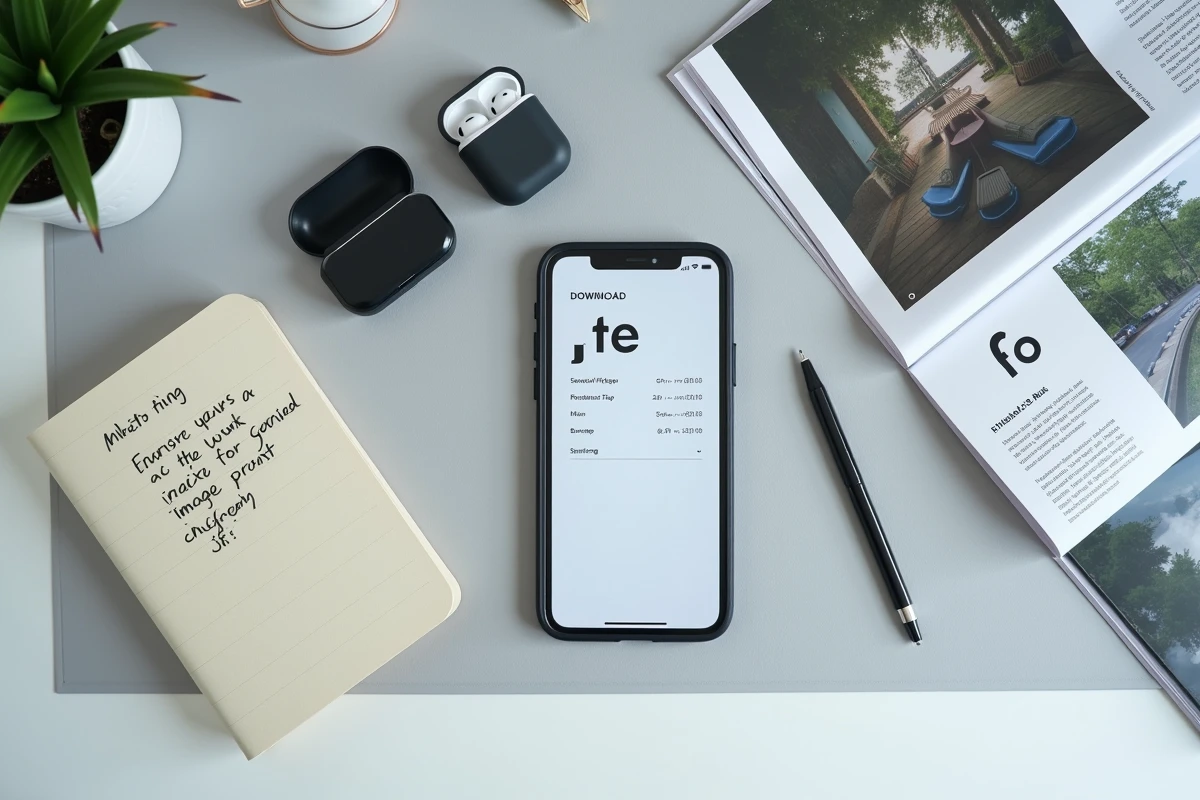 Vue aérienne d'un bureau avec smartphone affichant un fichier image au format JFIF et ses propriétés