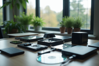 Bureau moderne avec disques durs et clés USB bien rangés