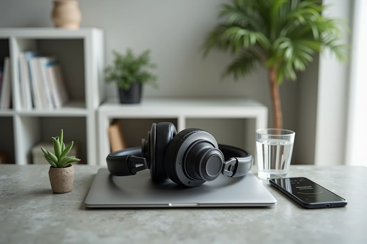 Casque audio studio posé sur un ordinateur portable avec une application de podcast affichée sur smartphone