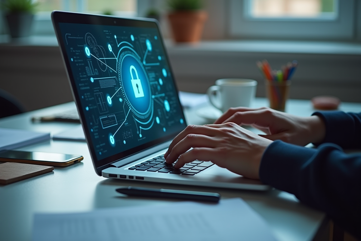 Main tapant sur un clavier avec notes et café dans un espace organisé