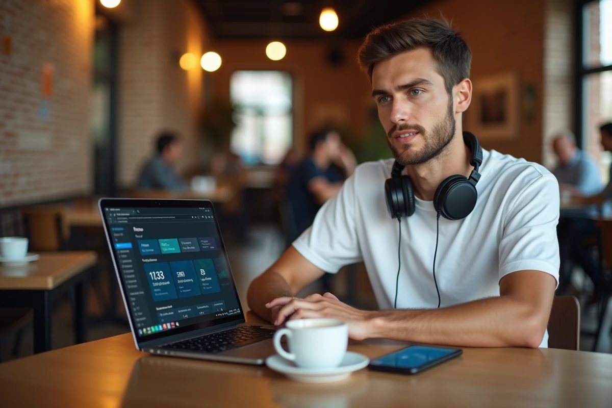 Jeune homme testant le cloud gaming Prime sur un ordinateur portable dans un café urbain avec des statistiques de performance visibles