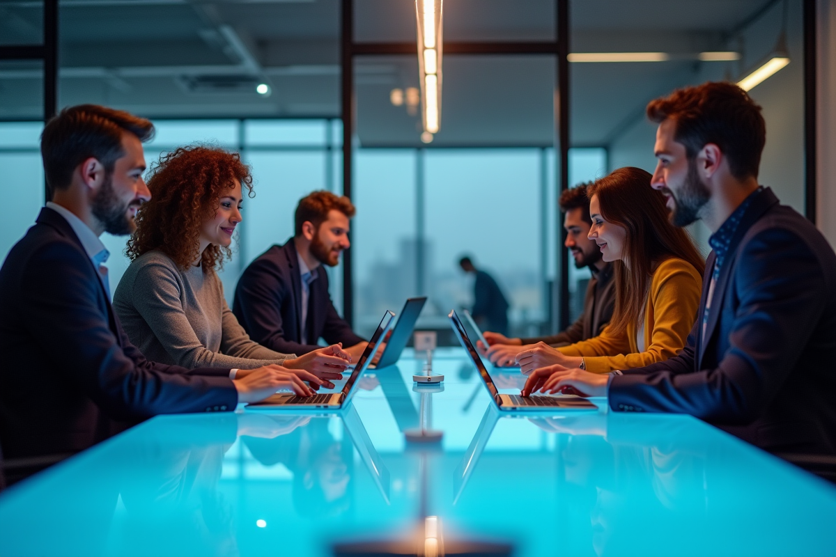 Groupe de quatre personnes collaborant avec divers appareils numériques en bureau lumineux