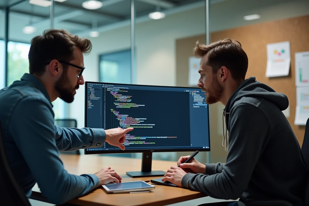 Deux développeurs collaborant devant un écran affichant un arbre d'imports de modules Python dans un bureau de startup