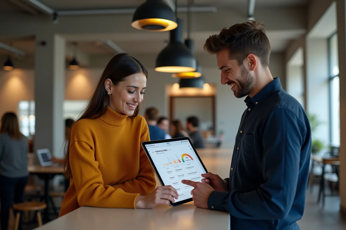 Deux collègues en espace de coworking consultant un tableau de bord de partage de fichiers sur une tablette