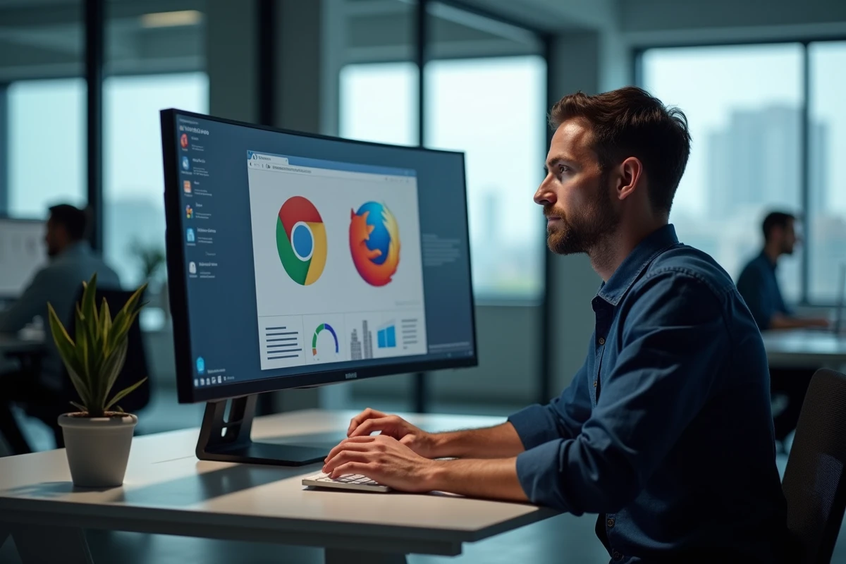 Homme en bureau comparant plusieurs navigateurs web sur un grand écran d'ordinateur de bureau