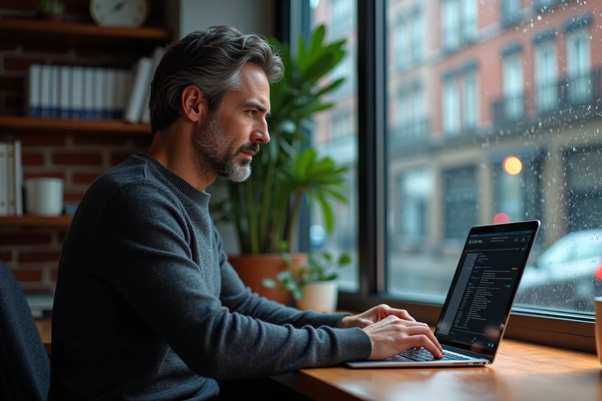 Homme en télétravail comparant deux outils de transfert de fichiers sur son ordinateur portable dans un bureau à domicile