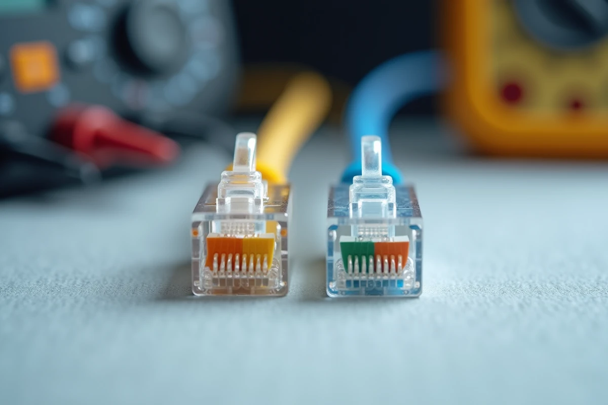 Comparaison côte à côte des standards de câblage RJ45 T568A et T568B sur un plan de travail électronique