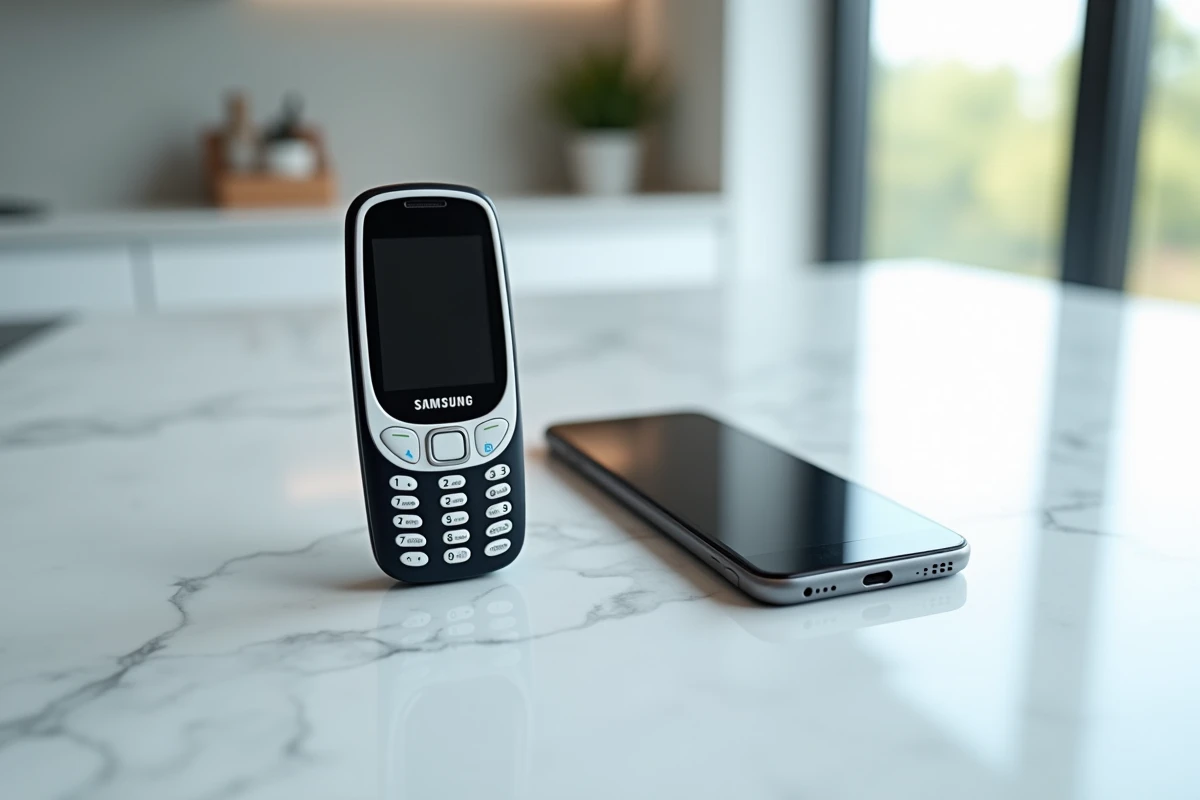 Comparaison Samsung E250 et smartphone moderne posés côte à côte sur marbre blanc, low-tech versus high-tech