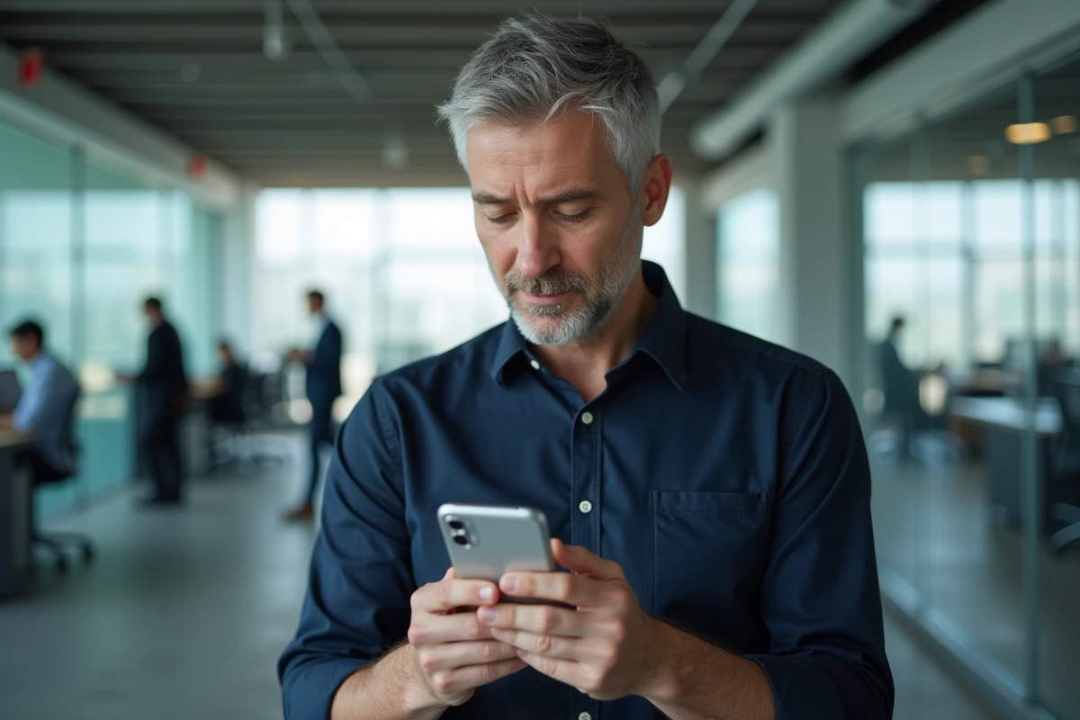 Homme configurant Google Mon Activité sur un smartphone Android dans un bureau professionnel moderne