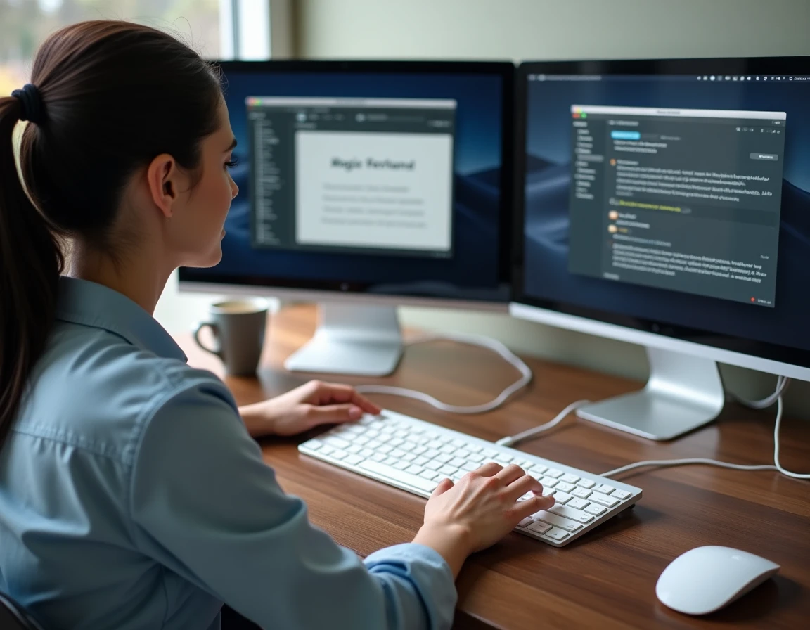 Femme configurant un clavier Apple Magic Keyboard QWERTY connecté à un Mac mini avec les préférences clavier ouvertes sur écran