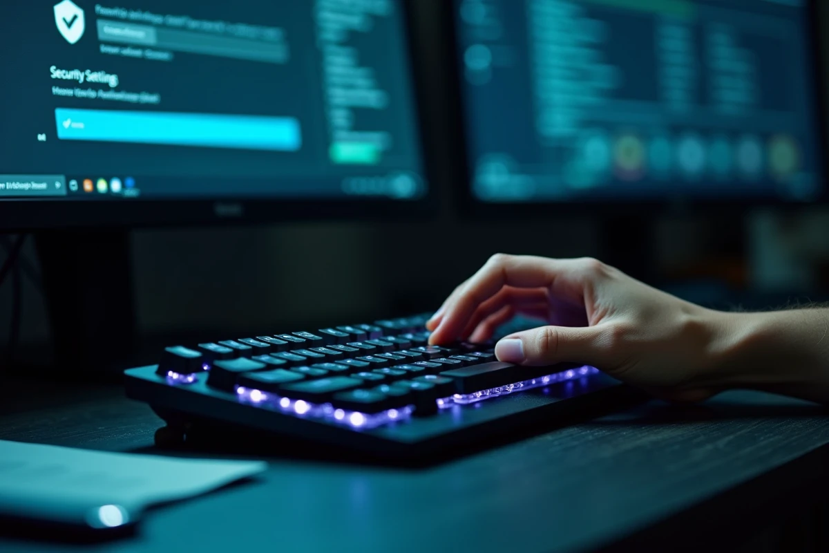 Gros plan sur les mains d'un utilisateur configurant les paramètres de sécurité d'un système d'exploitation sur un clavier mécanique