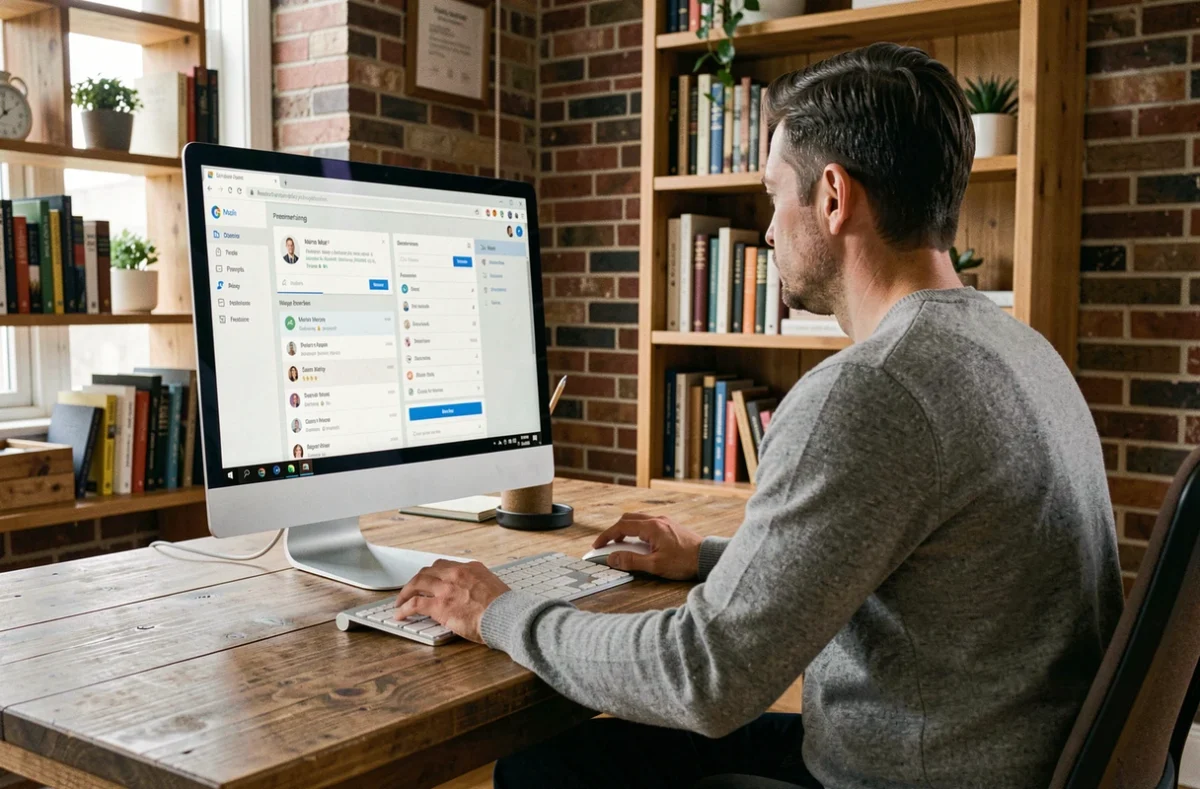 Homme configurant les paramètres de messagerie Webmel sur un ordinateur de bureau dans un espace de travail à domicile