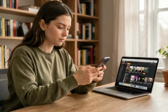 Jeune femme configurant une sonnerie personnalisée sur son iPhone depuis son bureau à domicile