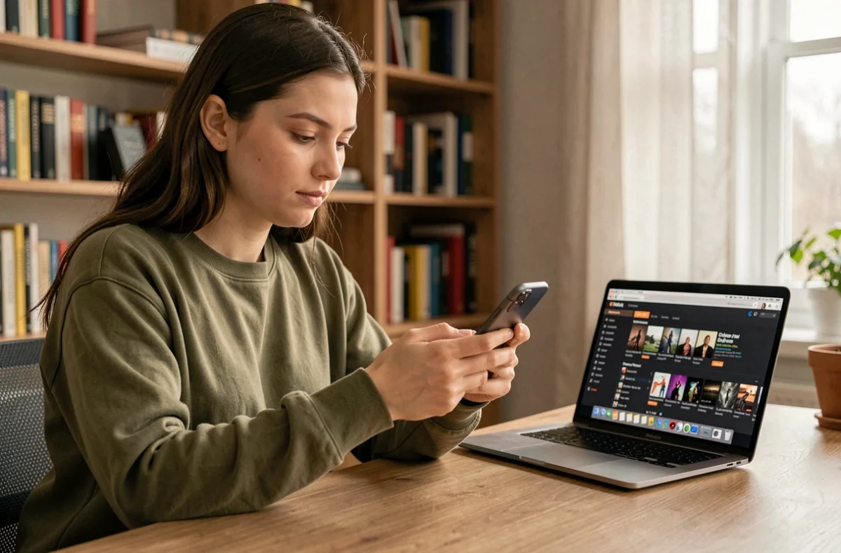 Jeune femme configurant une sonnerie personnalisée sur son iPhone depuis son bureau à domicile