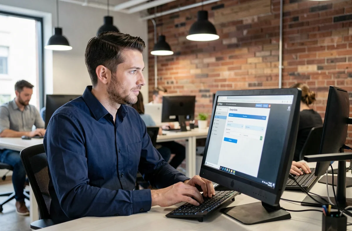 Homme en espace de coworking connectant à un portail de compte en ligne sur un ordinateur de bureau